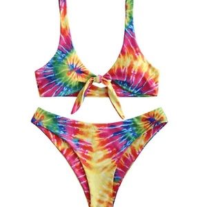 Zaful Tie Dye Bikini Swimsuit Rainbow Tie Front